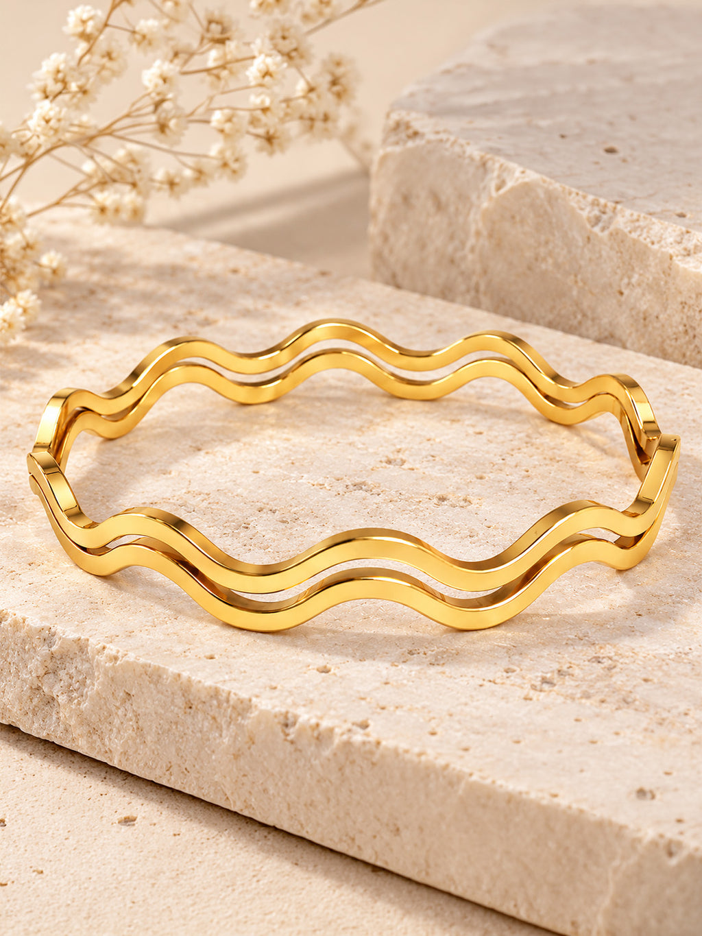 Sculpted Gold Wave Bangles Set Of 2