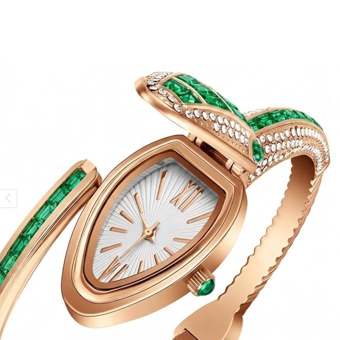 Gold Snake Coil Cuff Wrist Watch for Women with Crystal Dial (Green)
