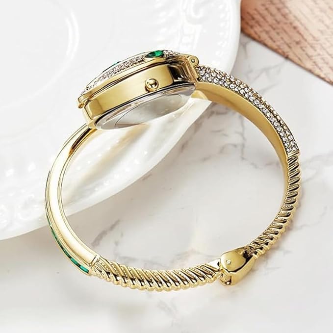 Gold Snake Coil Cuff Wrist Watch for Women with Crystal Dial (Green)