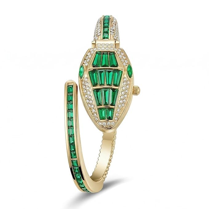 Gold Snake Coil Cuff Wrist Watch for Women with Crystal Dial (Green)