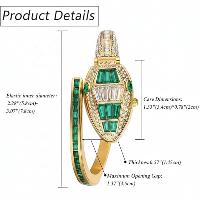 Gold Snake Coil Cuff Wrist Watch for Women with Crystal Dial (Green)