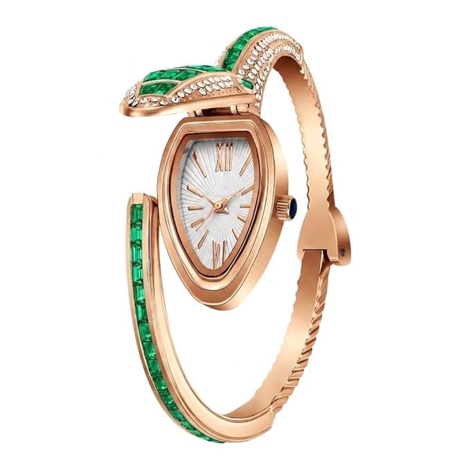 Gold Snake Coil Cuff Wrist Watch for Women with Crystal Dial (Green)