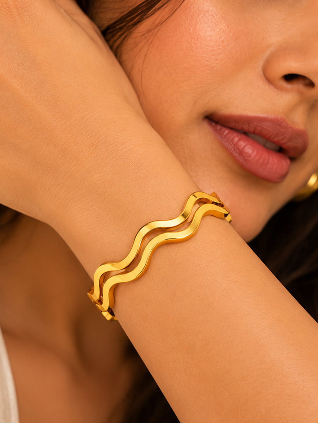 Sculpted Gold Wave Bangles Set Of 2