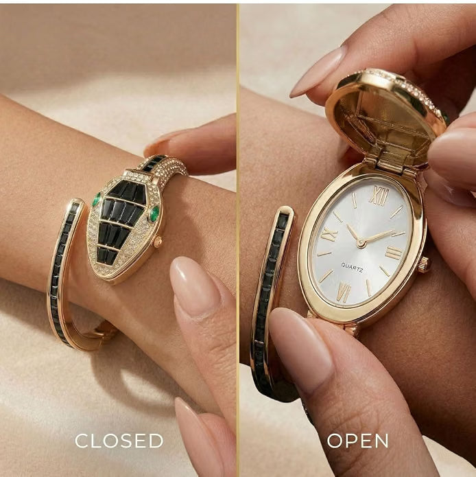 Gold Snake Coil Cuff Wrist Watch for Women with Crystal Dial (Black)