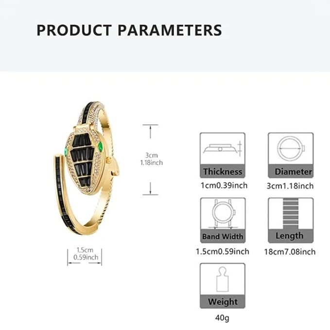 Gold Snake Coil Cuff Wrist Watch for Women with Crystal Dial (Black)