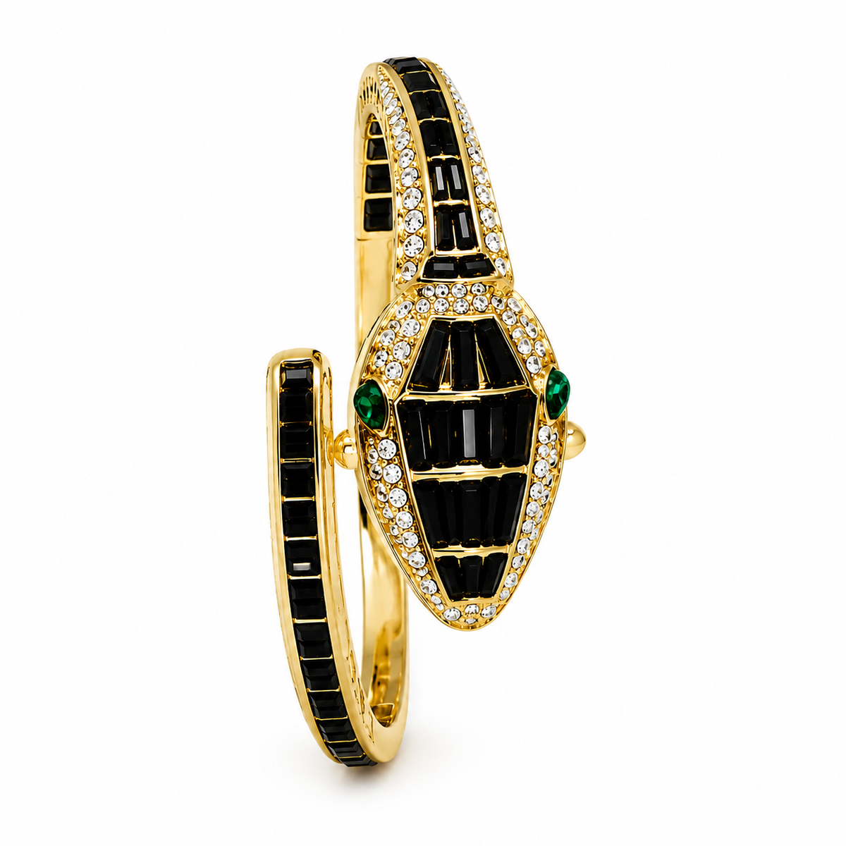 Gold Snake Coil Cuff Wrist Watch for Women with Crystal Dial (Black)