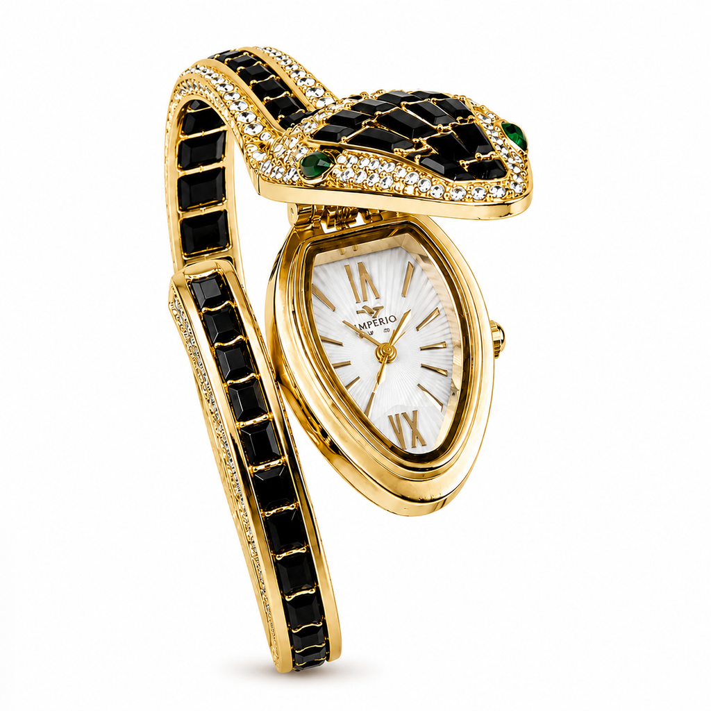 Gold Snake Coil Cuff Wrist Watch for Women with Crystal Dial (Black)