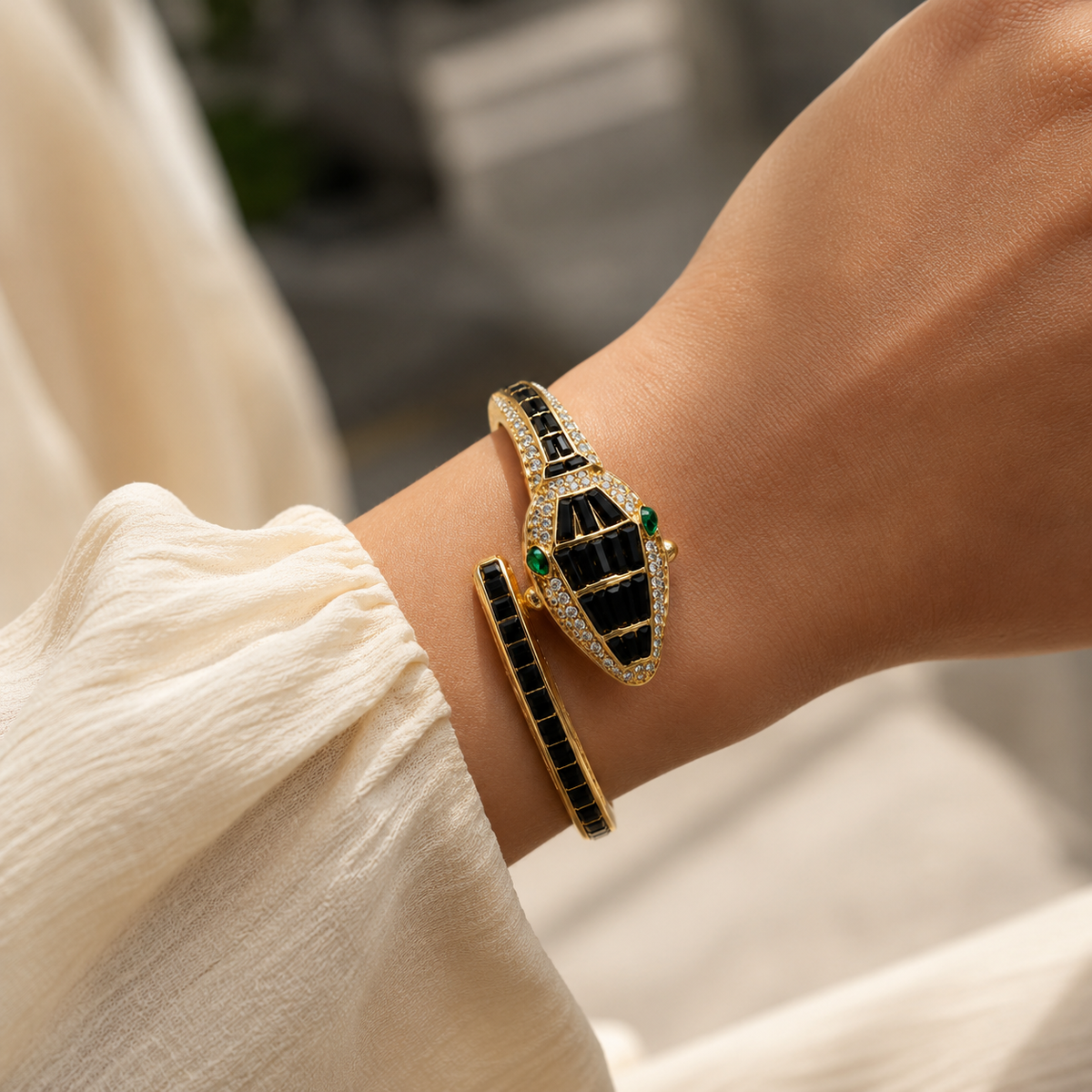Gold Snake Coil Cuff Wrist Watch for Women with Crystal Dial (Black)