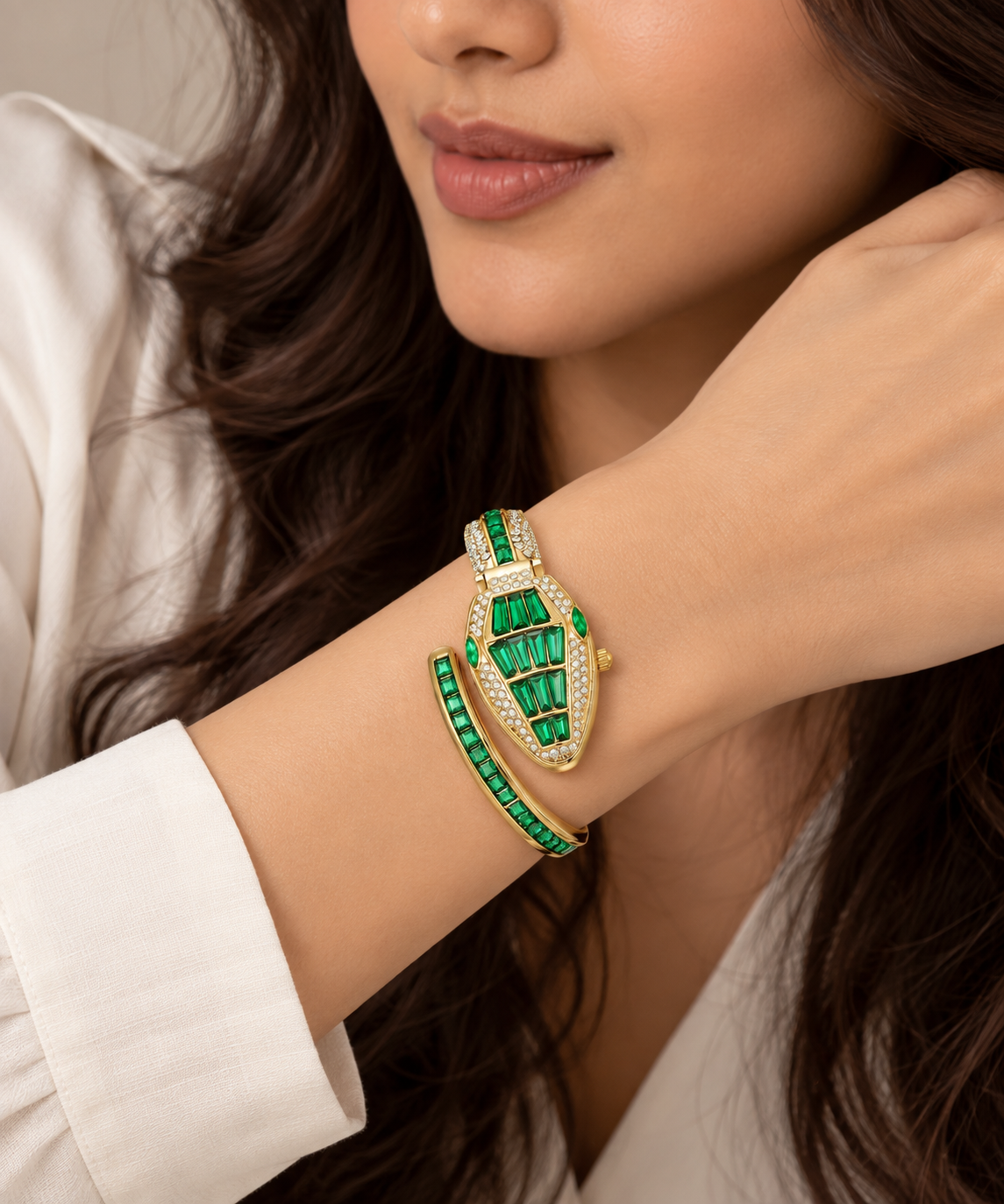 Gold Snake Coil Cuff Wrist Watch for Women with Crystal Dial (Green)