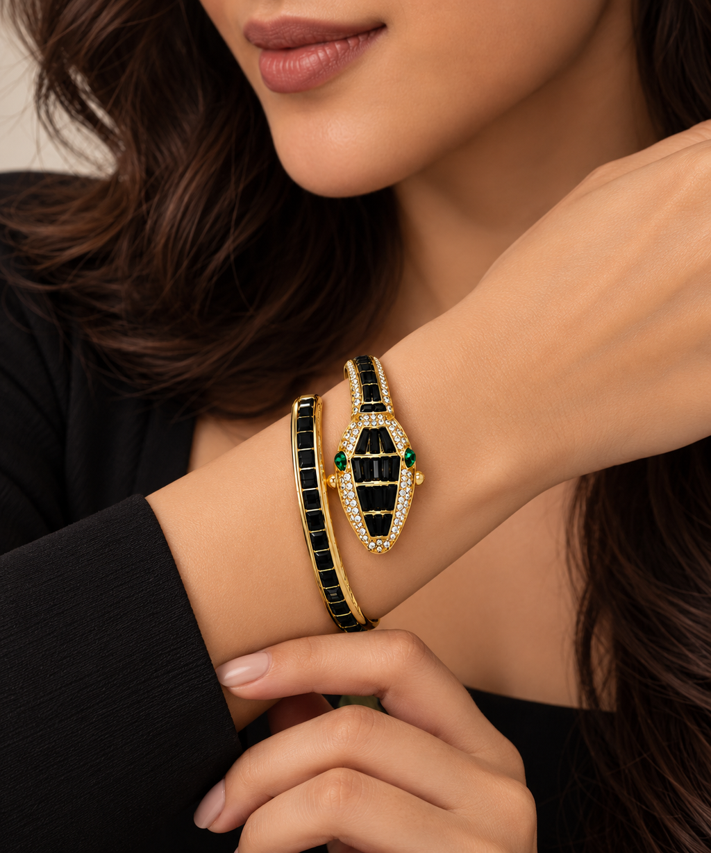 Gold Snake Coil Cuff Wrist Watch for Women with Crystal Dial (Black)