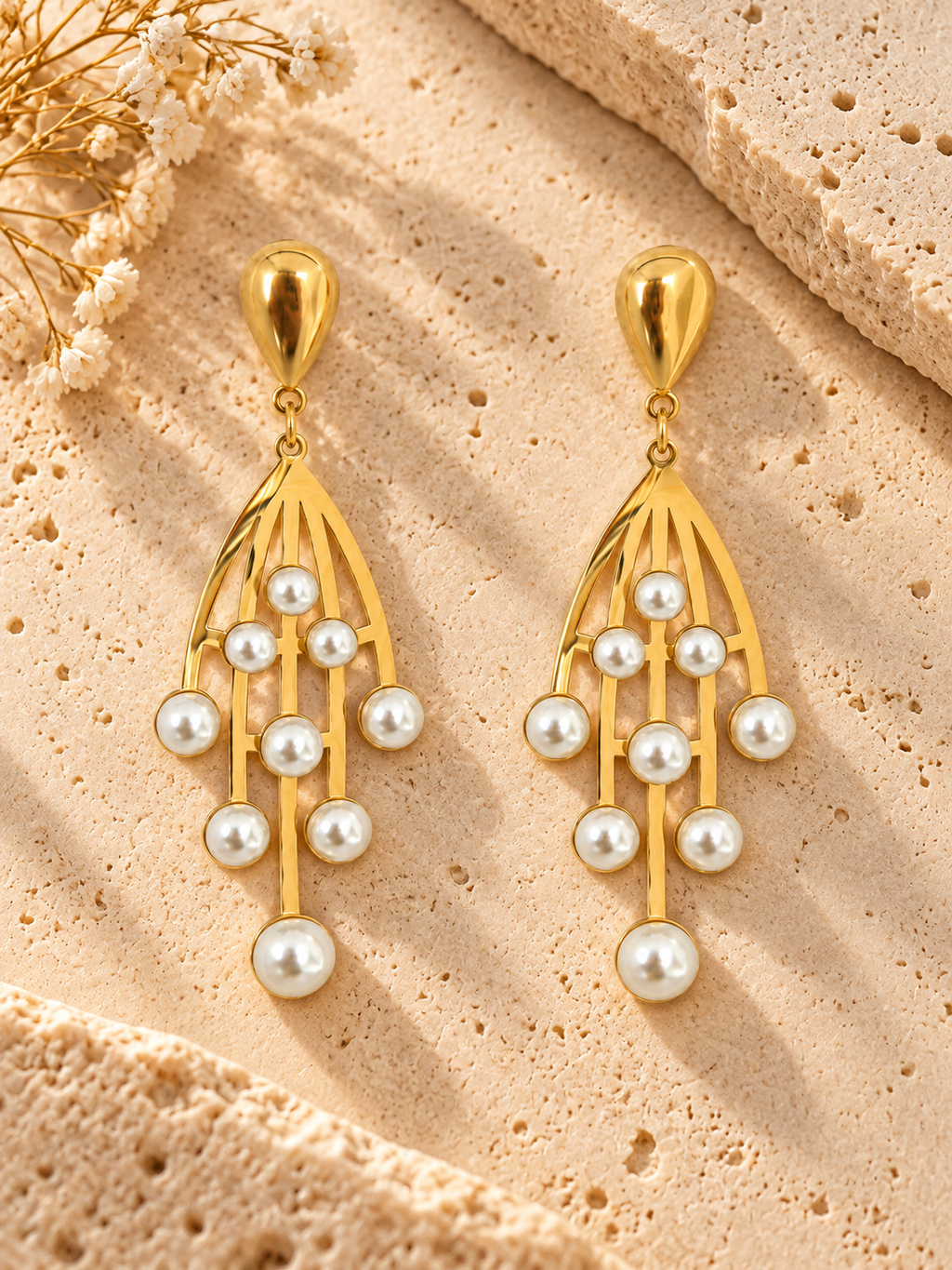 Golden Pearl Cascade Drop Earrings