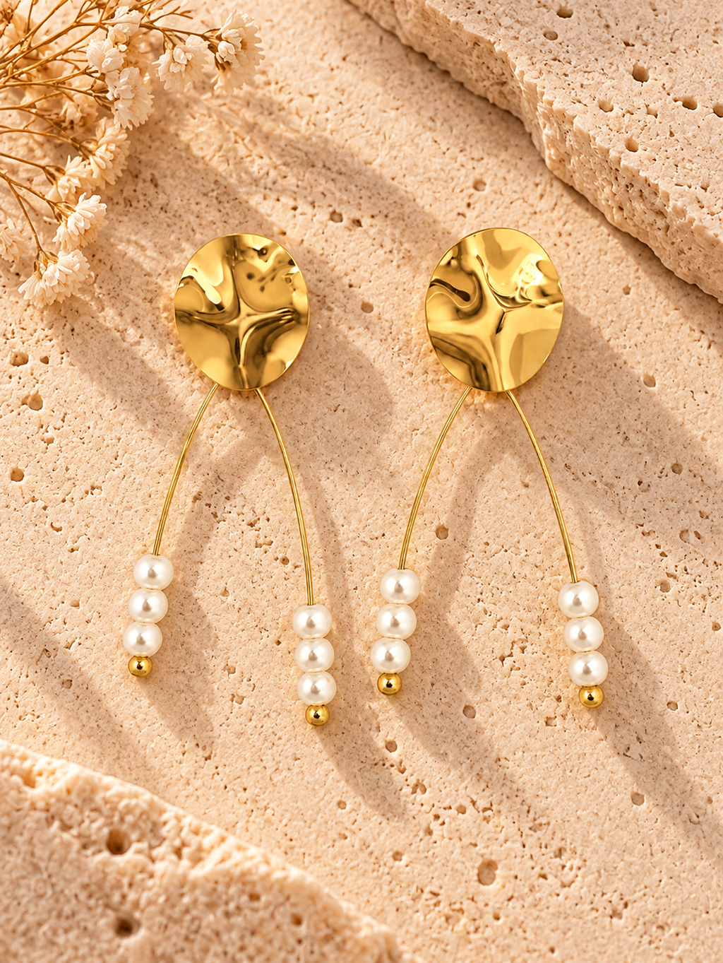 Golden Pearl Arc Drop Earrings