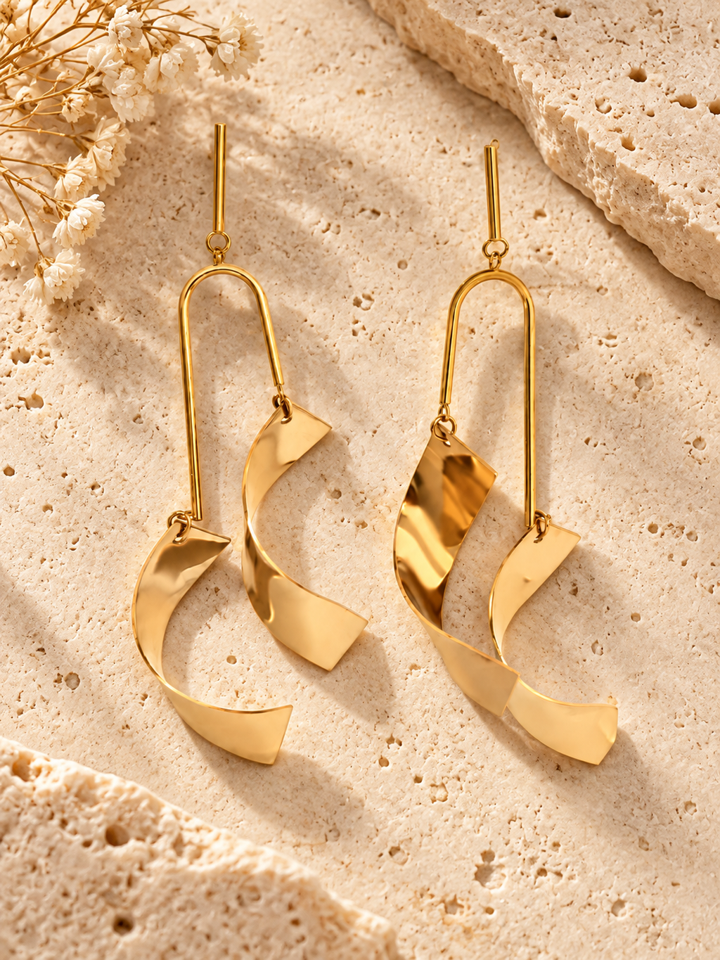 Sculpted Golden Ribbon Drop Earrings